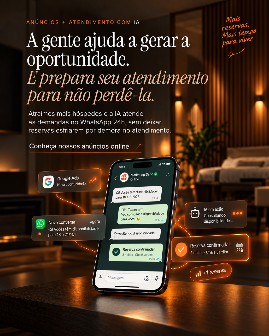 Anúncios e atendimento com IA para hospedagens: geramos a oportunidade e atendemos no WhatsApp 24 horas