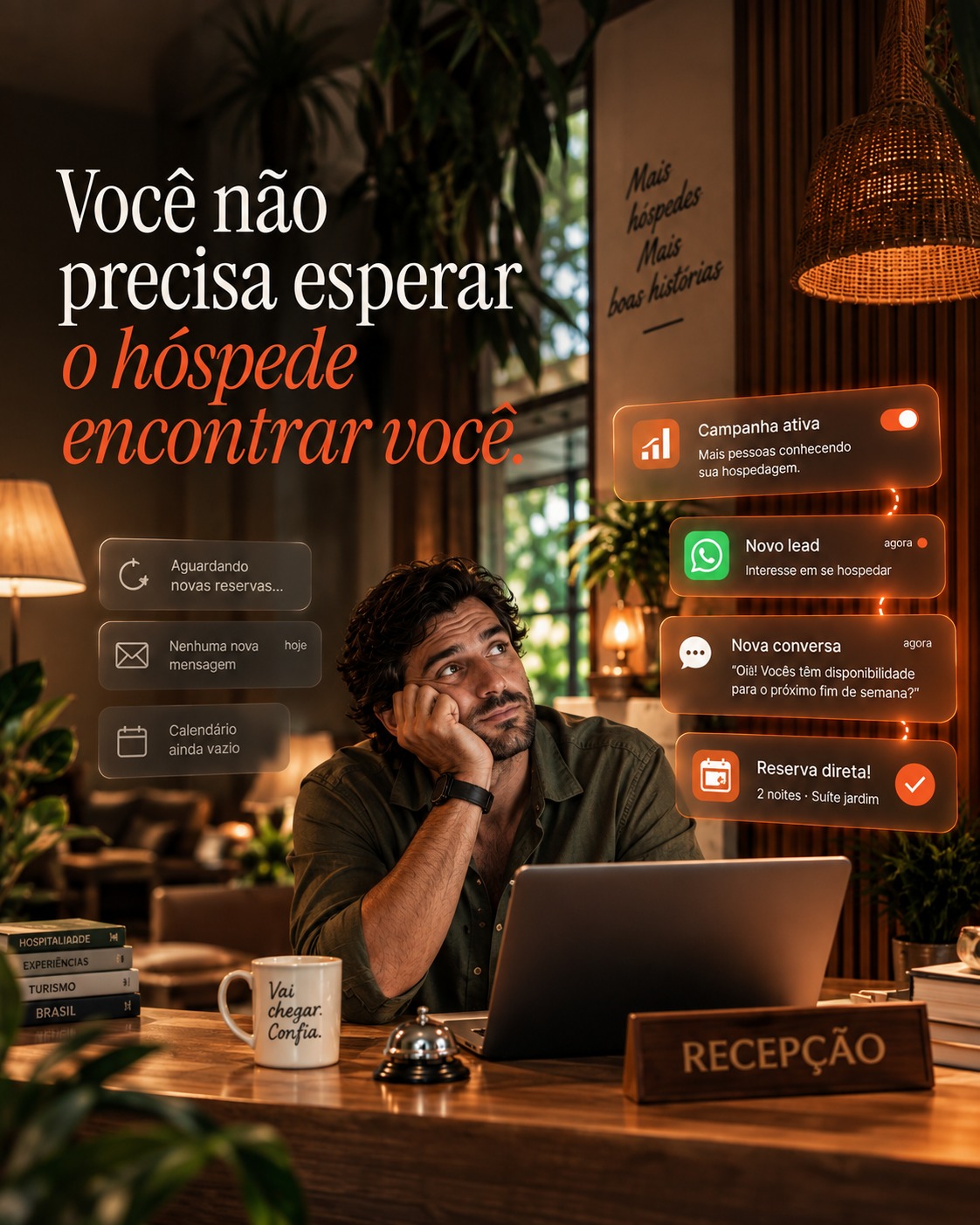 Cena noturna de hospedagem, em tons quentes e escuros